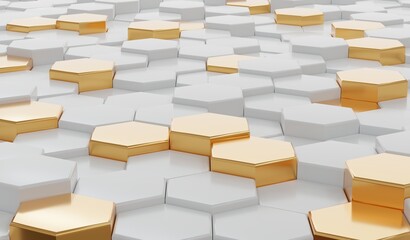 3D illustration Futuristic honeycomb mosaic white and gold background.