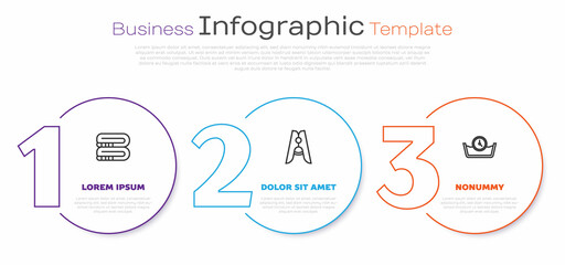 Set line Towel stack, Clothes pin and Time wash. Business infographic template. Vector