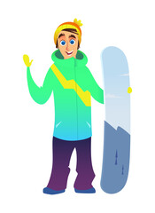 A cheerful snowboarder holds a snowboard and waving. A man in a bright green ski suit and a cap with pompon