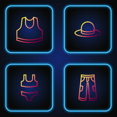 Set line Pants, Swimsuit, Undershirt and Man hat. Gradient color icons. Vector