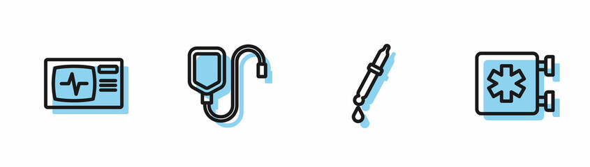 Fototapeta premium Set line Pipette, Monitor with cardiogram, IV bag and Emergency - Star of Life icon. Vector