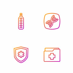 Set line Patient record, Life insurance, Medical thermometer and DNA symbol. Gradient color icons. Vector