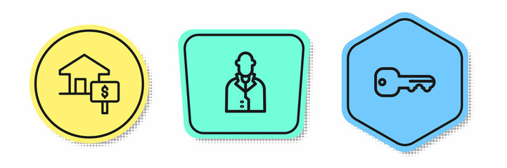 Set line House with dollar, Realtor and key. Colored shapes. Vector