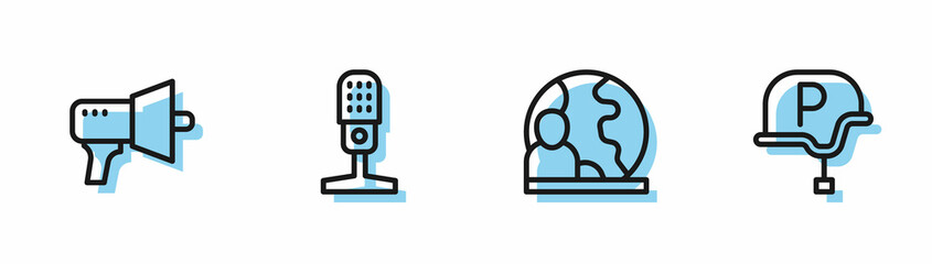 Set line World news, Megaphone, Microphone and War journalist icon. Vector