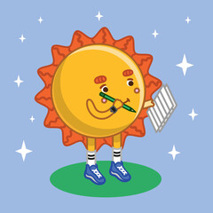 kids sticker cute bright cartoon sun with notepad and pencil taking notes in spring or summer
