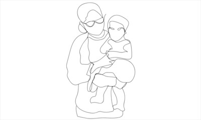 picture of mother holding a child  continuous line