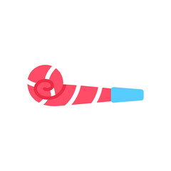 Colorful Birthday whistle flat icon isolated on white background. Color event decoration design. Pink anniversary celebration kid toy. Fun festival party blowing noisemaker element vector illustration