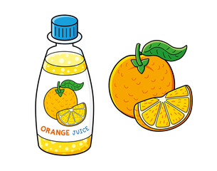Orange fruit with slice and juice smoothie cocktail soft drink soda bottle isolated cartoon vector