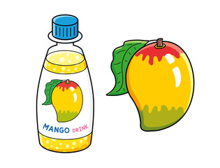 Mango fruit and juice or smoothie cocktail drink bottle isolated cartoon vector