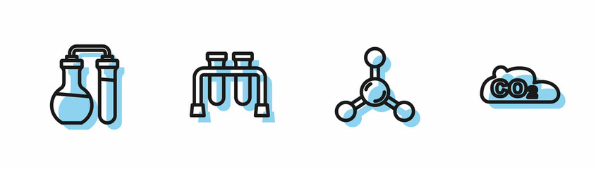 Set line Molecule, Test tube, and CO2 emissions in cloud icon. Vector