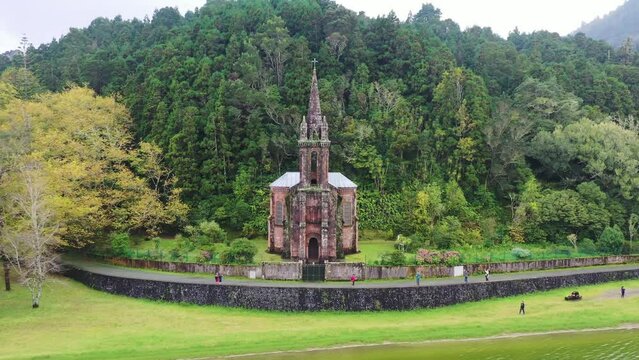 Aerial view of Ermida de Nossa Senhora church, Sao Miguel Island, Azores, Portugal.