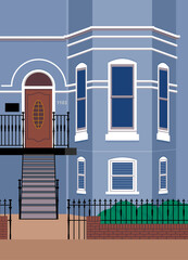 Row house building exterior illustration. Street view with a rowhouse building with windows, stairs, fence, garden. Color travel illustration.