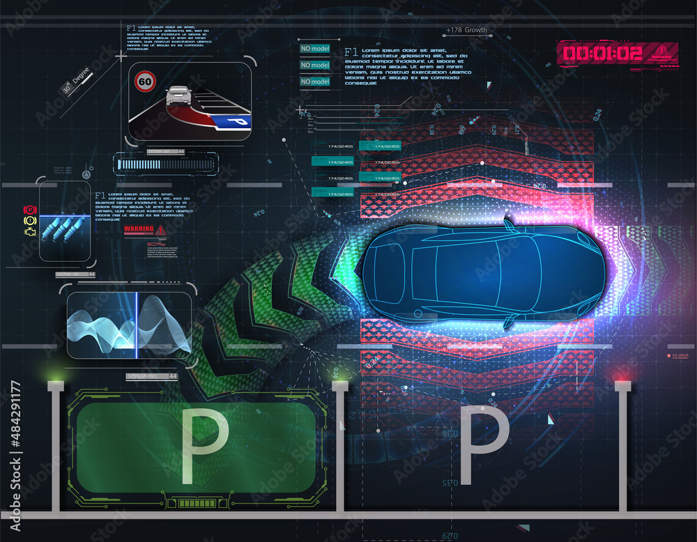 Poster smart car parking assist system parallel parking top view. autonomous car. driverless car system sec