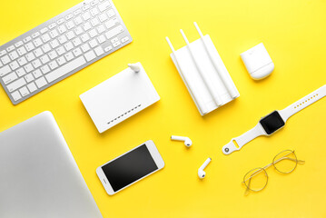 Different gadgets on color background