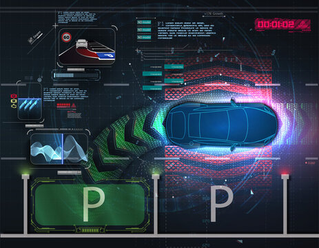 Smart Car Parking Assist System Parallel Parking Top View. Autonomous Car. Driverless Car System Security Scan The Road. Self Driving Vehicle. Future Concepts Smart Auto. HUD, GUI, Hologram. 