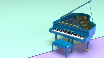 Blue grand piano on blue-purple surface background. 3D illustration. 3D CG. 3D high quality rendering.