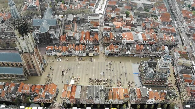 Aerial view of Delft main square in the Netherlands.