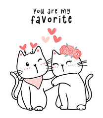 two couple cute white kitten cat in love cartoon outline drawing flat design, you are my favorite