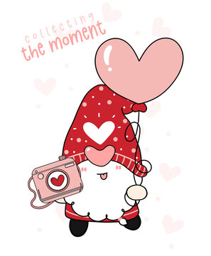 Cute happy Valentine Gnome boy have camera and heart shape balloons, collecting the moment, cartoon drawing outline flat vector