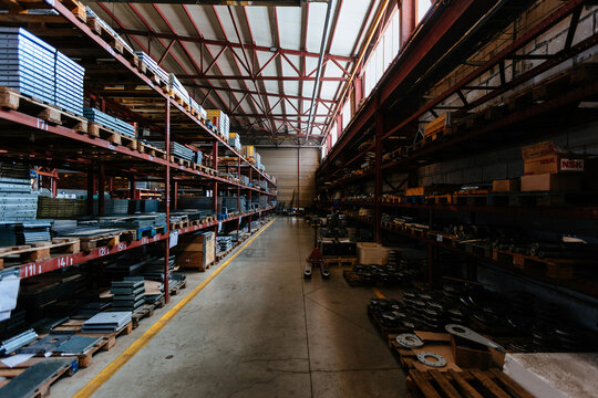 Steel construction materials and parts in the warehouse