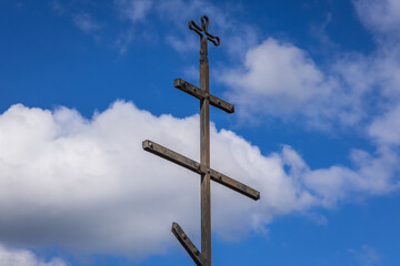 Russian Orthodox cross on Rocky peak called Eagles Nest on Shipka Pass, Balkan Mountains in Bulgaria
