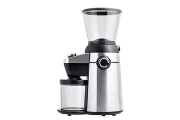 electric professional coffee grinder with conical burr and container for bean with selector grinder regulator, object of gray steel and black plastic and transparent flask side view isolated on white.