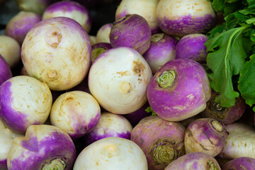 Closeup of pile of purple turnips in boxes at the farmers market