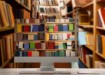 Online library. Modern computer on wooden table and shelves with books indoors