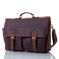 Brown leather briefcase with pockets. One handle and shoulder strap. Flap with fasteners. Brass fittings
