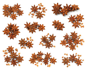 Set with dry anise anise stars on white background, top view