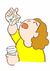 双極性障害の薬物治療　抗精神病薬をコップの水で内服する女性患者