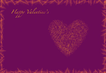 Valentine's day greeting card, text happy Valentine's and heart symbol scratched by golden stripes on a purple  background