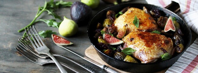 chicken with figs. dish with figs. fried chicken with figs and onions in pan. Soft focus.