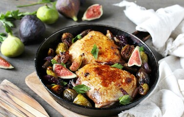 chicken with figs. dish with figs. fried chicken with figs and onions in pan. Soft focus.