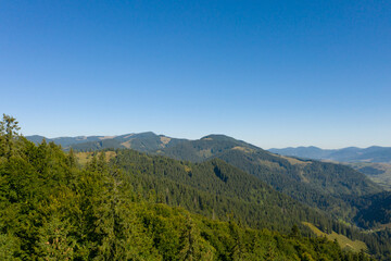 Aerial view of beautiful landscape with forest in mountains