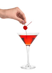 Woman and glass of Manhattan cocktail on white background