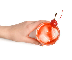 Woman with glass of Manhattan cocktail on white background