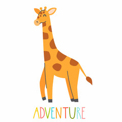 Obraz premium Cute giraffe with lettering ADVENTURE on a white background. Vector childish illustration