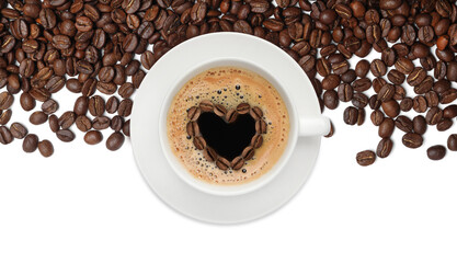 Cup of tasty coffee and roasted beans on white background, top view