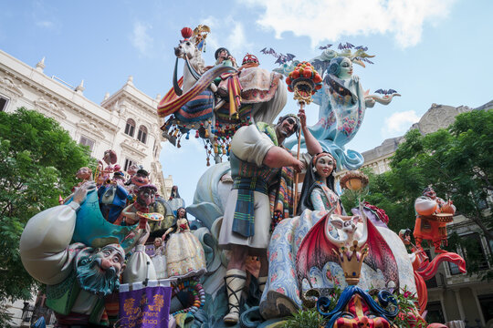 Valencia, Spain - 4 September 2021: Huge paper mache figurines displaying traditional celebration elements of the festival Fallas