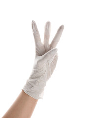 Woman in medical glove showing three fingers on white background
