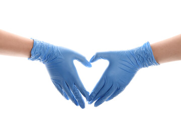 Women in medical gloves making heart shape with their hands on white background