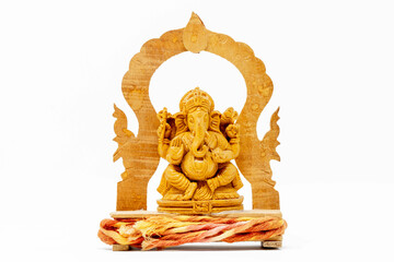 Close up wooden statue of Lord Ganesha on white - Powered by Adobe