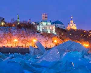Evening lights of Khabarovsk. Amur river embankment in winter. Far East, Russia.