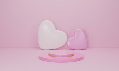 3d render. Heart on pink podium on pastel background. Abstract minimal geometric shapes backdrop for valentine day design composition. Product display with valentine’s day concept.