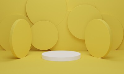 White cylinder podium on yellow background minimal scene with yellow geometric platform. Podium stand for products display. 3d render, 3d illustration.