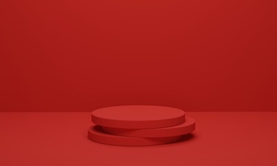 Cylinder podium on red background. Abstract minimal scene geometric platform. Shaped podium for products display. 3d render, 3d illustration.