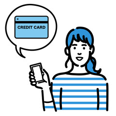 スマートフォンを持ってクレジットカードの説明をしているポニーテールの若い女性
