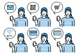 スマートフォンを持って説明をしている若いポニーテールの女性のセット
