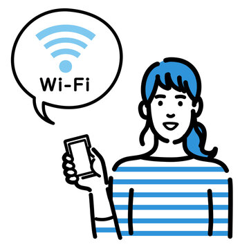 スマートフォンを持ってWi-Fiの説明をしているポニーテールの若い女性
